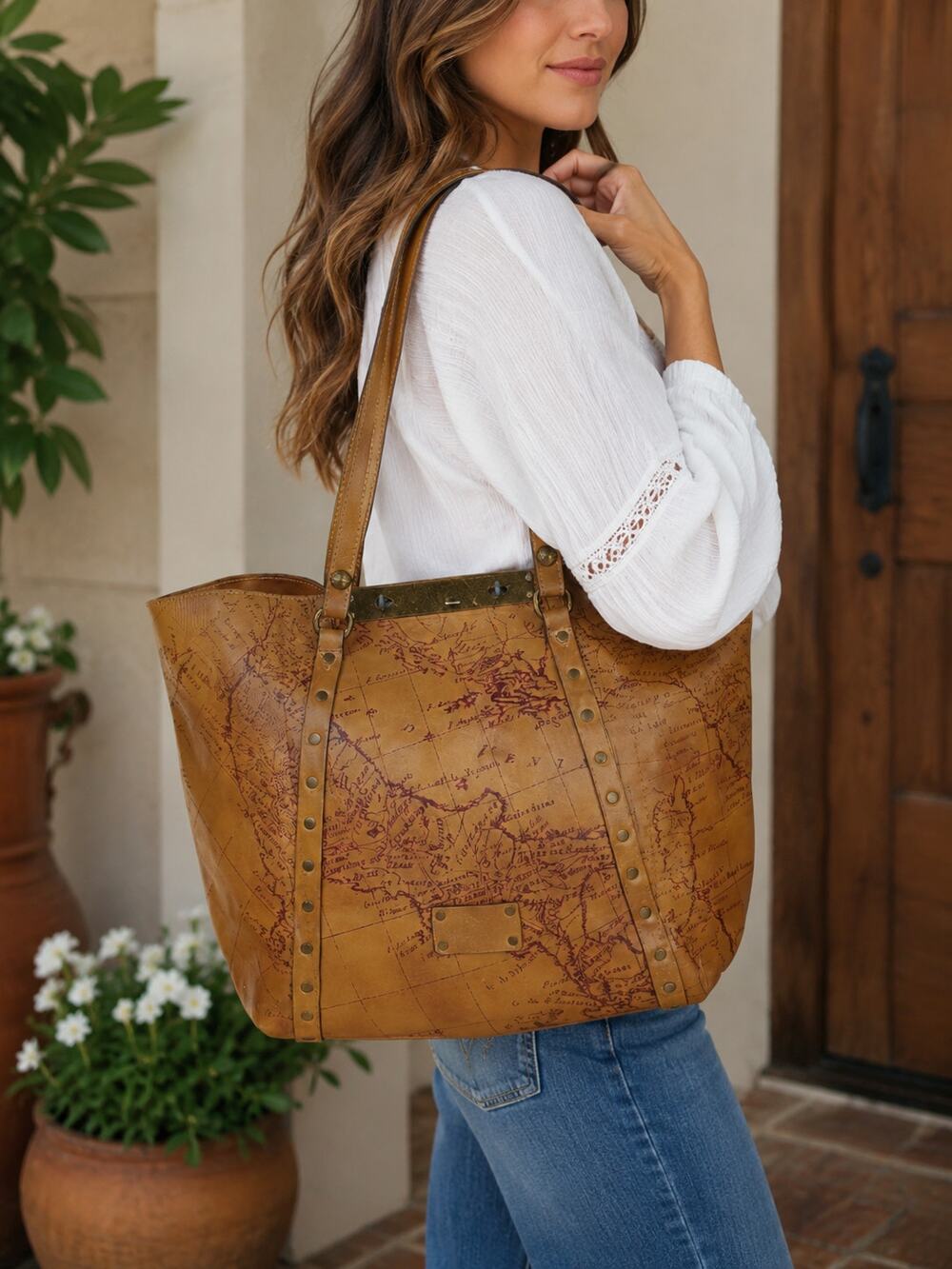 Patricia Nash Tan & Brown Vintage Map Leather Tote